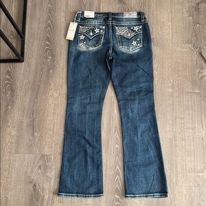 Miss Me Star Stitching on Back Pocket Blue Denim Jeans with White Stitching